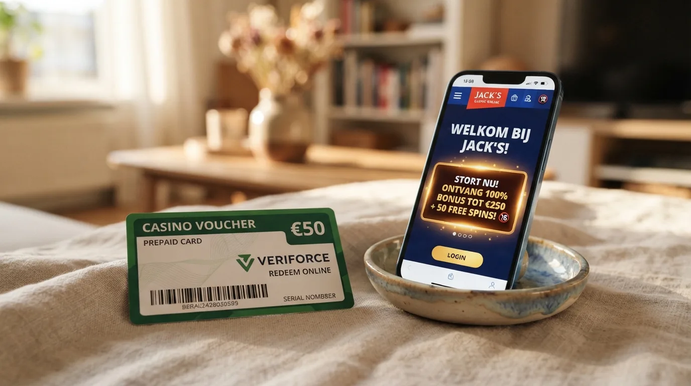 Paysafecard-voucher naast een smartphone met een Nederlandse casino-welkomstpagina